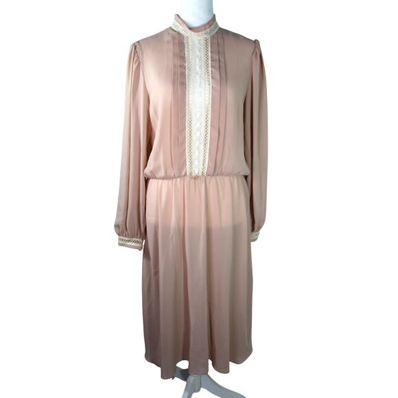 Vintage 80s Prairie Style Core Dress Coral Pink Lantern Sleeve Mock Collar - Picture 2 of 15